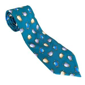 Vintage Burberry Mens 100% Silk Emerald Green Turtle Gem Print Tie Quiet Luxury